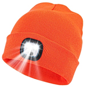 Orange knit cap with the blue lamp on the cuff