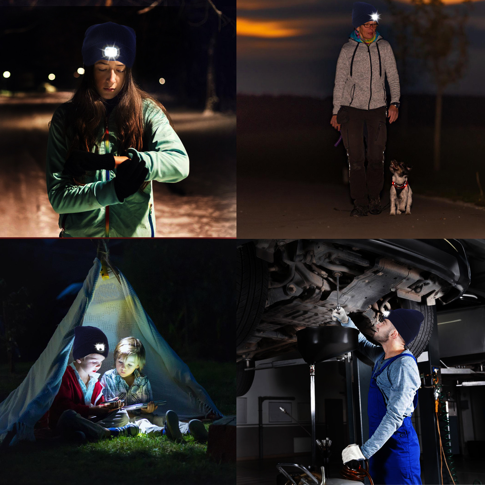 Ocean Electronics cap lights shown during a night walk, camping, and hands-free repair work